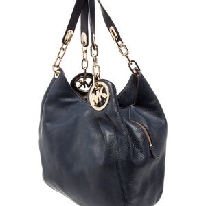 Michael Kors Dark Blue Leather Shoulder Bag with Gold Accents, barely used